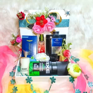 Stunning birthday gift box hamper for him filled with chocolates, perfume